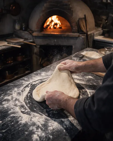 Les mains du pizzaiolo étirant la pâte sur le marbre fariné